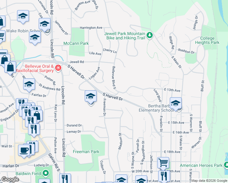 map of restaurants, bars, coffee shops, grocery stores, and more near 505 Gaslight Lane in Bellevue