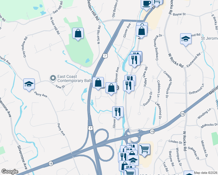 map of restaurants, bars, coffee shops, grocery stores, and more near 8 Oakwood Avenue in Norwalk