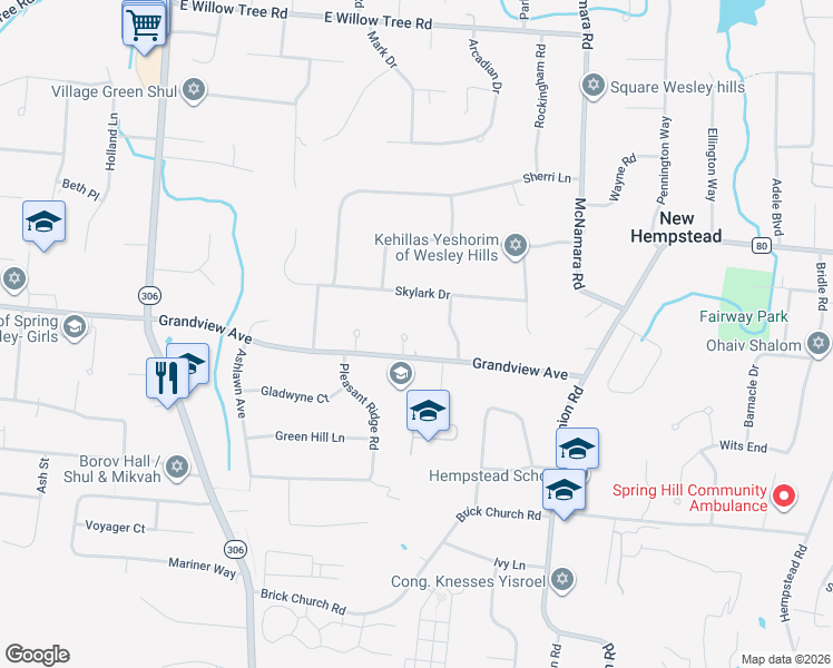 map of restaurants, bars, coffee shops, grocery stores, and more near 4 Baldwin Court in Spring Valley