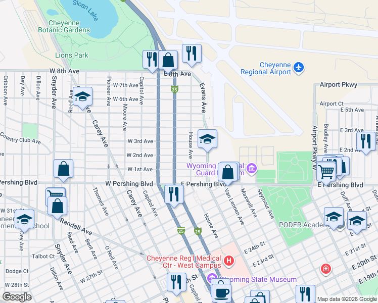 map of restaurants, bars, coffee shops, grocery stores, and more near 222 East 2nd Avenue in Cheyenne