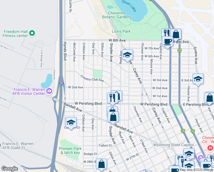 map of restaurants, bars, coffee shops, grocery stores, and more near 901 Country Club Avenue in Cheyenne