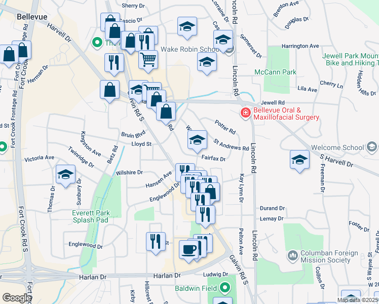 map of restaurants, bars, coffee shops, grocery stores, and more near 1219 Fairfax Road in Bellevue