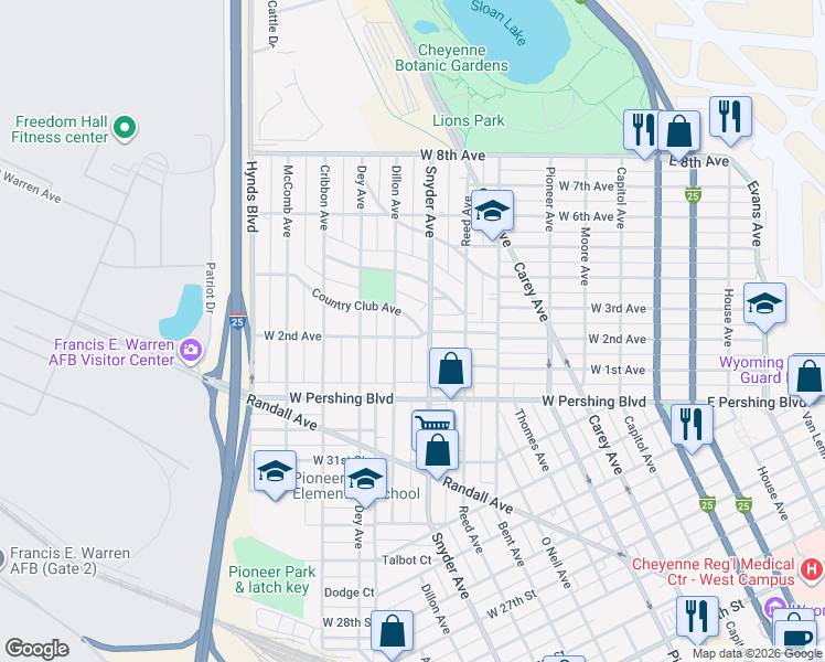 map of restaurants, bars, coffee shops, grocery stores, and more near 901 Country Club Avenue in Cheyenne