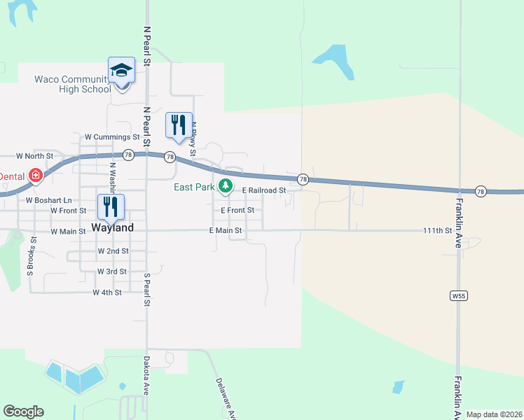 map of restaurants, bars, coffee shops, grocery stores, and more near 499 East Front Street in Wayland
