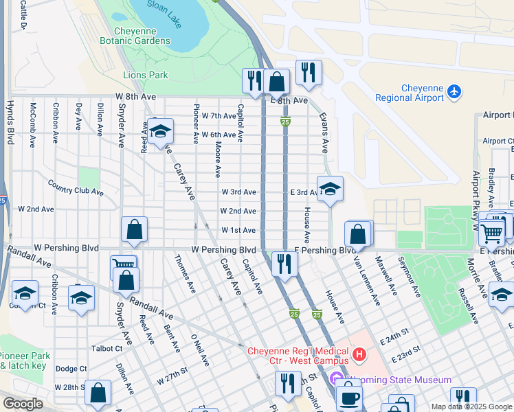 map of restaurants, bars, coffee shops, grocery stores, and more near 104 West 2nd Avenue in Cheyenne