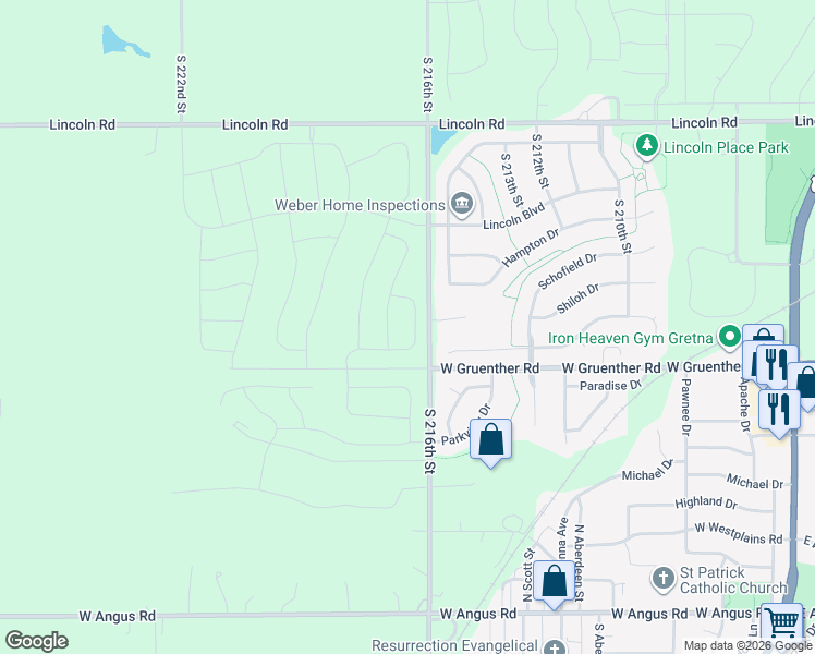 map of restaurants, bars, coffee shops, grocery stores, and more near 11108 South 216th Street in Gretna