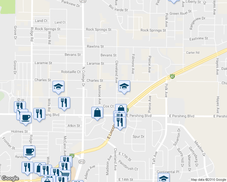 map of restaurants, bars, coffee shops, grocery stores, and more near 3414 Cleveland Ave in Cheyenne