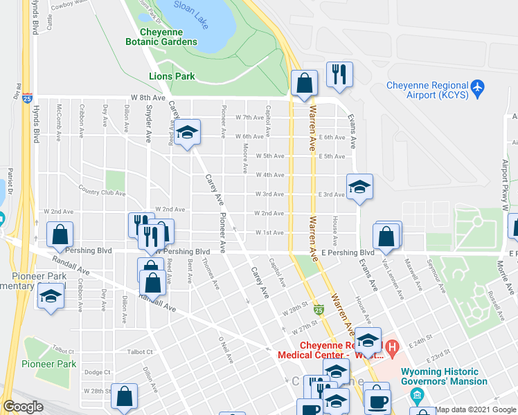 map of restaurants, bars, coffee shops, grocery stores, and more near 206 West 2nd Avenue in Cheyenne