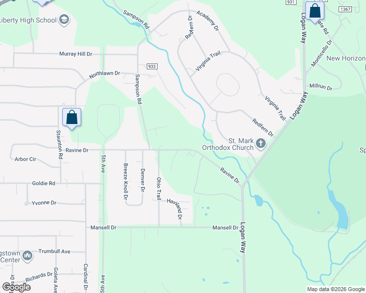 map of restaurants, bars, coffee shops, grocery stores, and more near 946 Ravine Drive in Youngstown