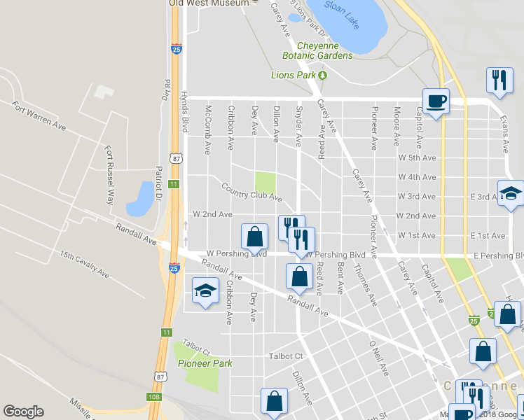 map of restaurants, bars, coffee shops, grocery stores, and more near 1014 West 2nd Avenue in Cheyenne