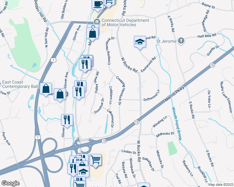 map of restaurants, bars, coffee shops, grocery stores, and more near 41 Creeping Hemlock Drive in Norwalk