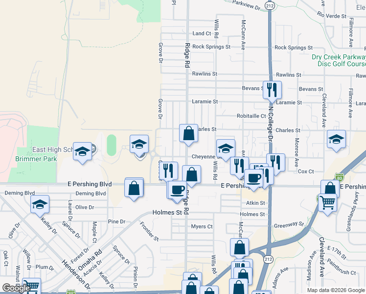 map of restaurants, bars, coffee shops, grocery stores, and more near 3416 Ridge Road in Cheyenne