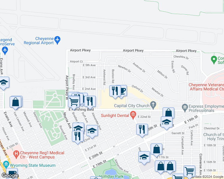 map of restaurants, bars, coffee shops, grocery stores, and more near 1511 Oxford Dr in Cheyenne