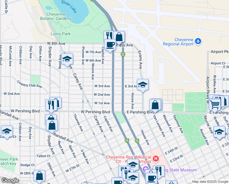 map of restaurants, bars, coffee shops, grocery stores, and more near 104 West 2nd Avenue in Cheyenne