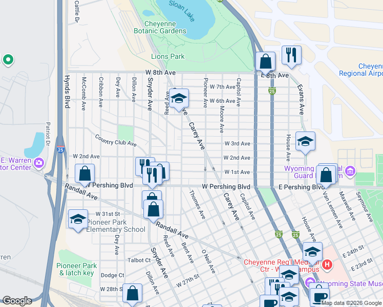 map of restaurants, bars, coffee shops, grocery stores, and more near 406 West 2nd Avenue in Cheyenne