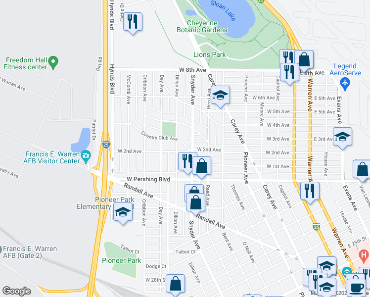 map of restaurants, bars, coffee shops, grocery stores, and more near 901 Country Club Avenue in Cheyenne
