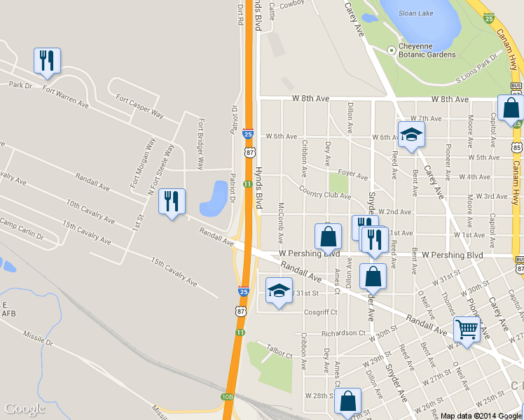 map of restaurants, bars, coffee shops, grocery stores, and more near 1420 West 2nd Avenue in Cheyenne