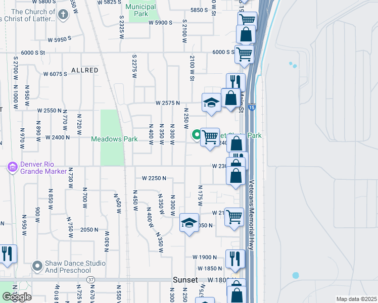 map of restaurants, bars, coffee shops, grocery stores, and more near 2350 North 250 West in Sunset