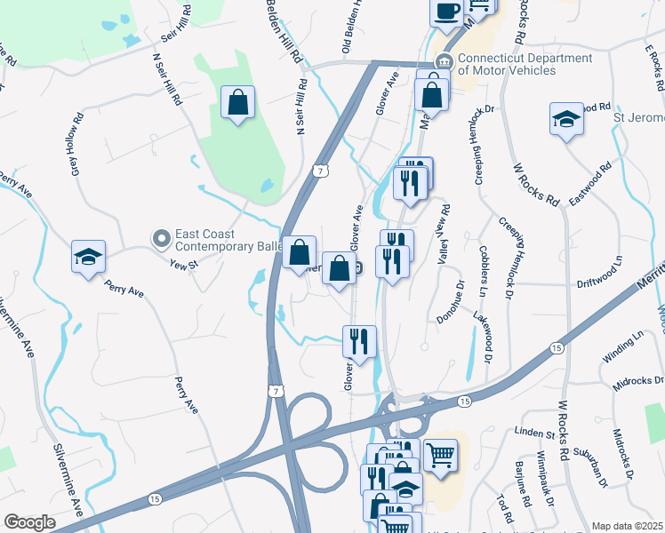 map of restaurants, bars, coffee shops, grocery stores, and more near 41 Glenrock in Norwalk