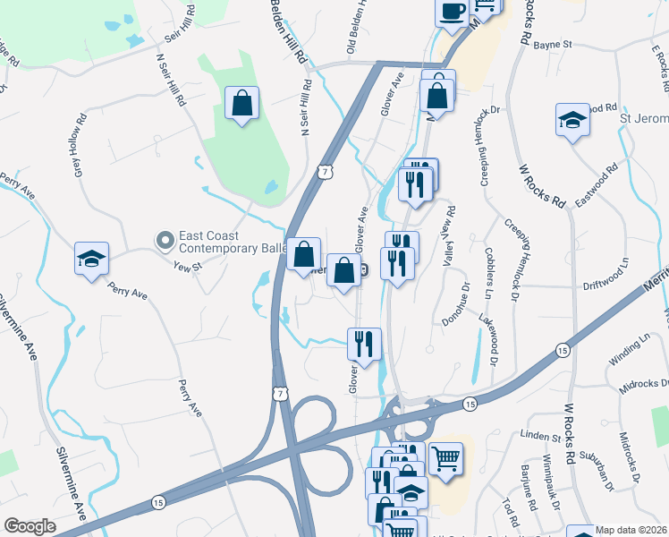 map of restaurants, bars, coffee shops, grocery stores, and more near 41 Glenrock in Norwalk