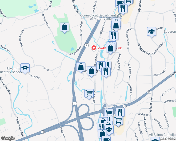 map of restaurants, bars, coffee shops, grocery stores, and more near 41 Glenrock in Norwalk