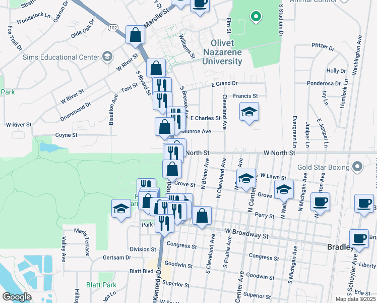 map of restaurants, bars, coffee shops, grocery stores, and more near 1020 West North Street in Bradley