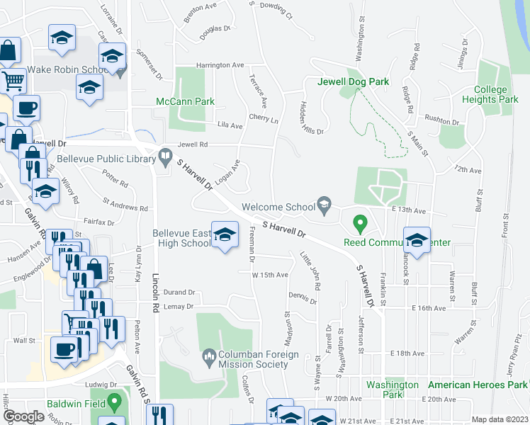 map of restaurants, bars, coffee shops, grocery stores, and more near 505 Gaslight Lane in Bellevue
