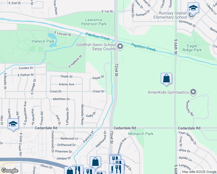 map of restaurants, bars, coffee shops, grocery stores, and more near 1021 Patricia Drive in Papillion