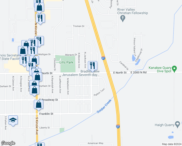 map of restaurants, bars, coffee shops, grocery stores, and more near 1393 East Bourbonnais Street in Kankakee