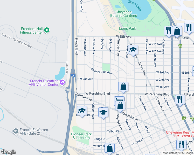 map of restaurants, bars, coffee shops, grocery stores, and more near 1212 West 2nd Avenue in Cheyenne