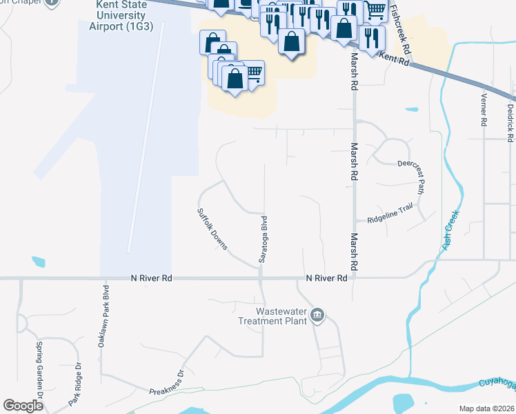 map of restaurants, bars, coffee shops, grocery stores, and more near 3321 Churchill Downs in Stow