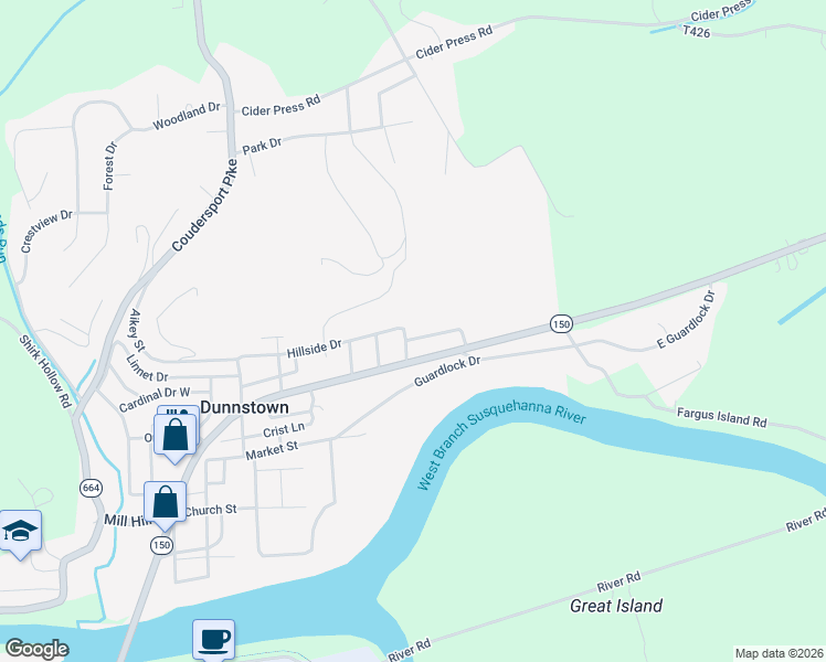 map of restaurants, bars, coffee shops, grocery stores, and more near 250 Hillside Drive in Lock Haven
