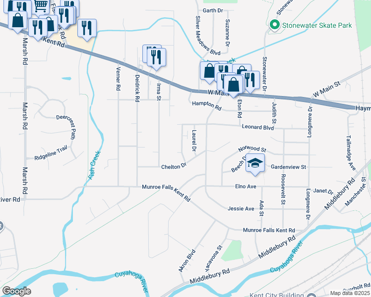map of restaurants, bars, coffee shops, grocery stores, and more near 501 Brentwood Drive in Kent
