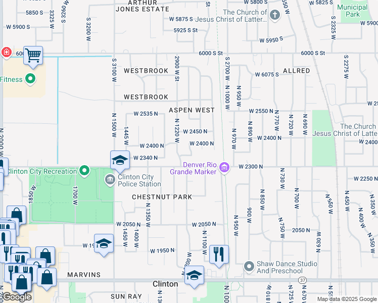 map of restaurants, bars, coffee shops, grocery stores, and more near 1176 West 2350 North in Clinton