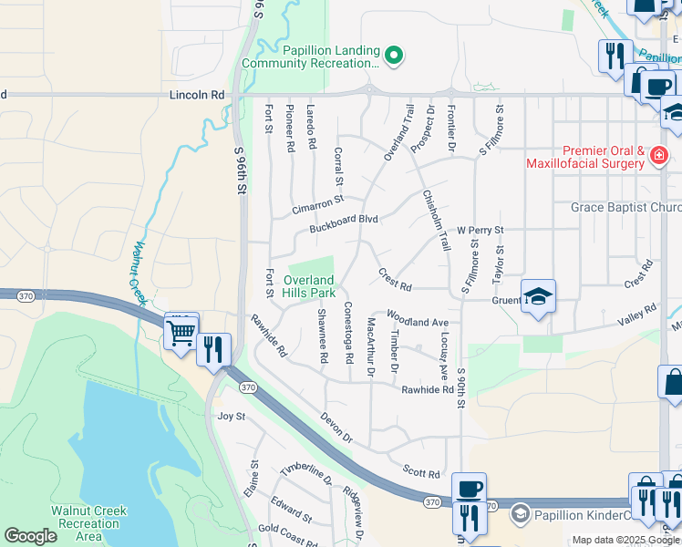 map of restaurants, bars, coffee shops, grocery stores, and more near 1118 Overland Trail in Papillion