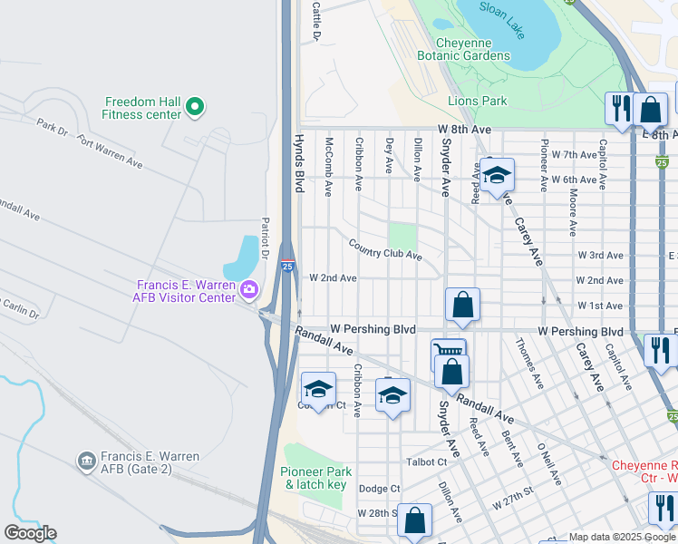 map of restaurants, bars, coffee shops, grocery stores, and more near 1318 West 2nd Avenue in Cheyenne