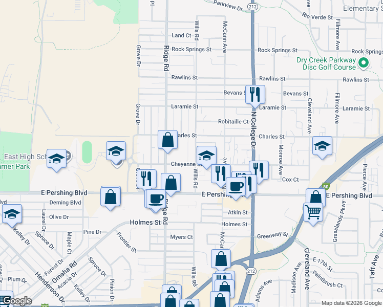 map of restaurants, bars, coffee shops, grocery stores, and more near 3410 Wills Rd in Cheyenne