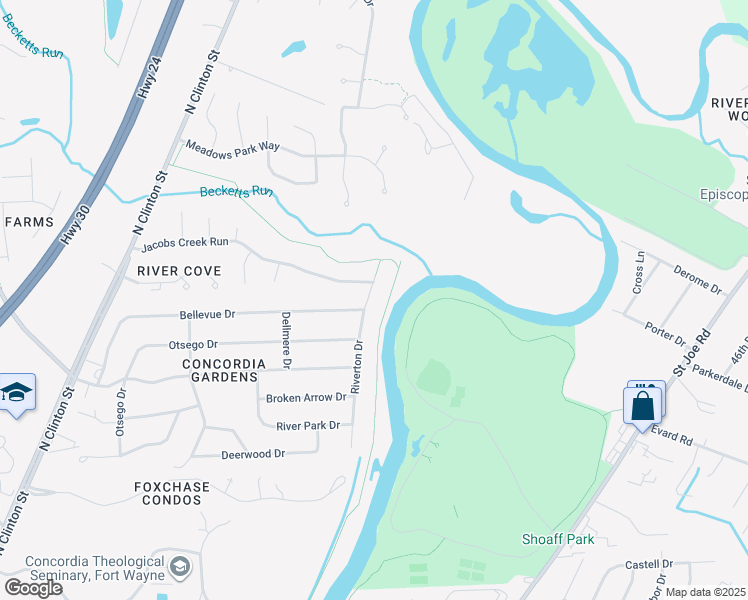 map of restaurants, bars, coffee shops, grocery stores, and more near 7316 Riverton Drive in Fort Wayne