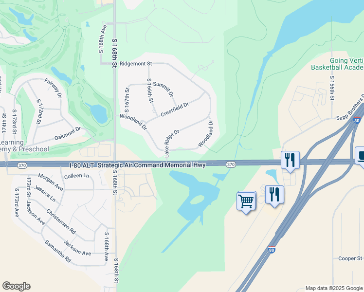 map of restaurants, bars, coffee shops, grocery stores, and more near 16410 Woodland Dr in Omaha