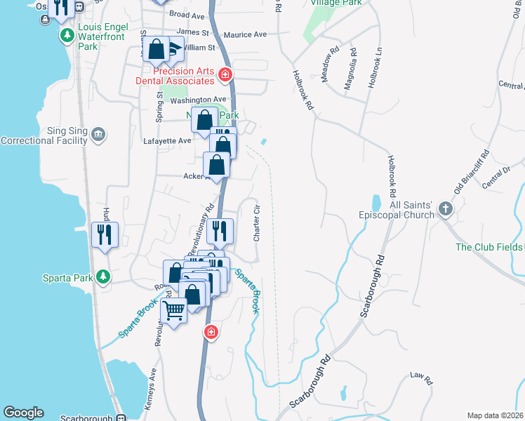 map of restaurants, bars, coffee shops, grocery stores, and more near 119 Charter Circle in Ossining