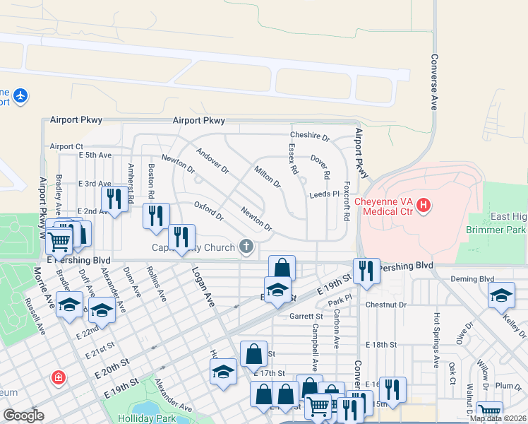 map of restaurants, bars, coffee shops, grocery stores, and more near 1879 Andover Drive in Cheyenne