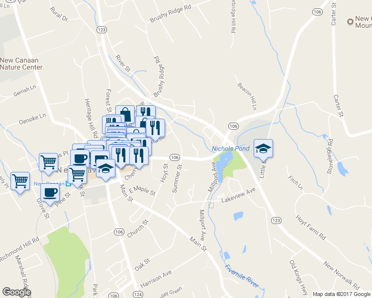 map of restaurants, bars, coffee shops, grocery stores, and more near 120 Summer Street in New Canaan