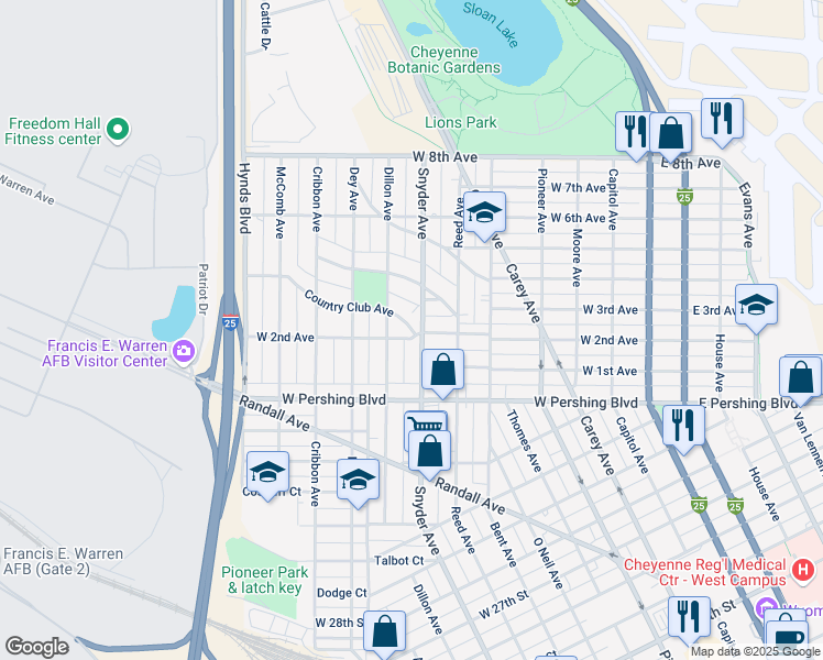 map of restaurants, bars, coffee shops, grocery stores, and more near 901 Country Club Avenue in Cheyenne