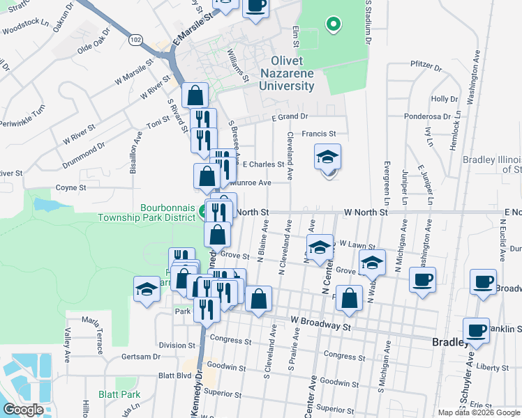 map of restaurants, bars, coffee shops, grocery stores, and more near 901 West North Street in Bradley