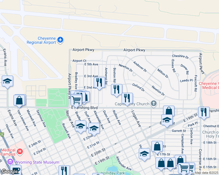 map of restaurants, bars, coffee shops, grocery stores, and more near 1511 Oxford Drive in Cheyenne