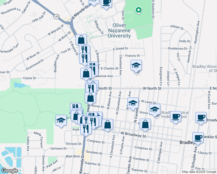 map of restaurants, bars, coffee shops, grocery stores, and more near 901 West North Street in Bradley