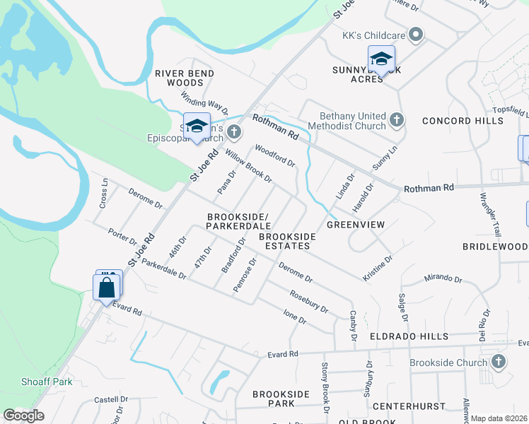 map of restaurants, bars, coffee shops, grocery stores, and more near 7220 Bradford Drive in Fort Wayne