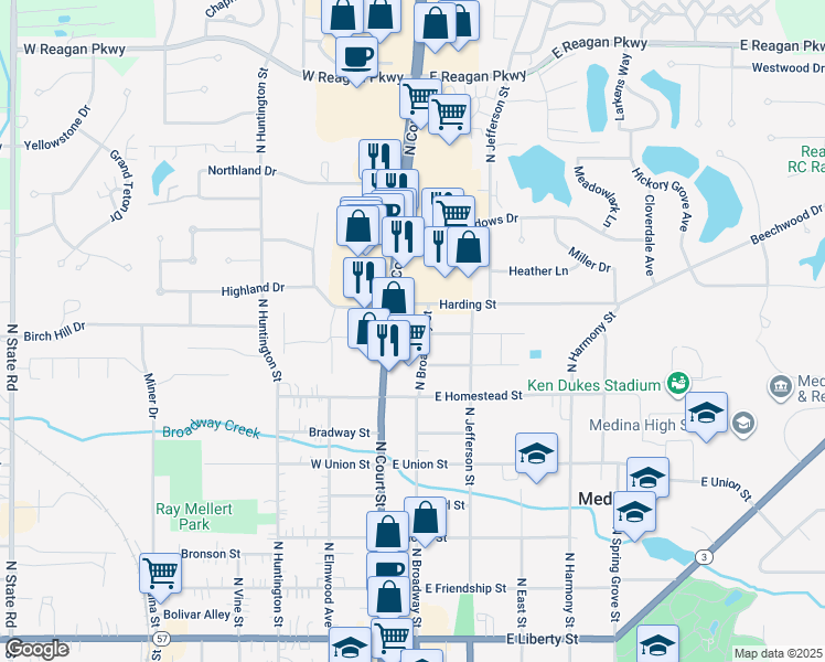 map of restaurants, bars, coffee shops, grocery stores, and more near 829 N Broadway St in Medina