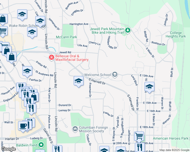 map of restaurants, bars, coffee shops, grocery stores, and more near 602 Gaslight Lane in Bellevue