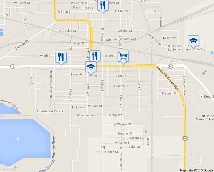 map of restaurants, bars, coffee shops, grocery stores, and more near 137 East Jones Street in Fostoria